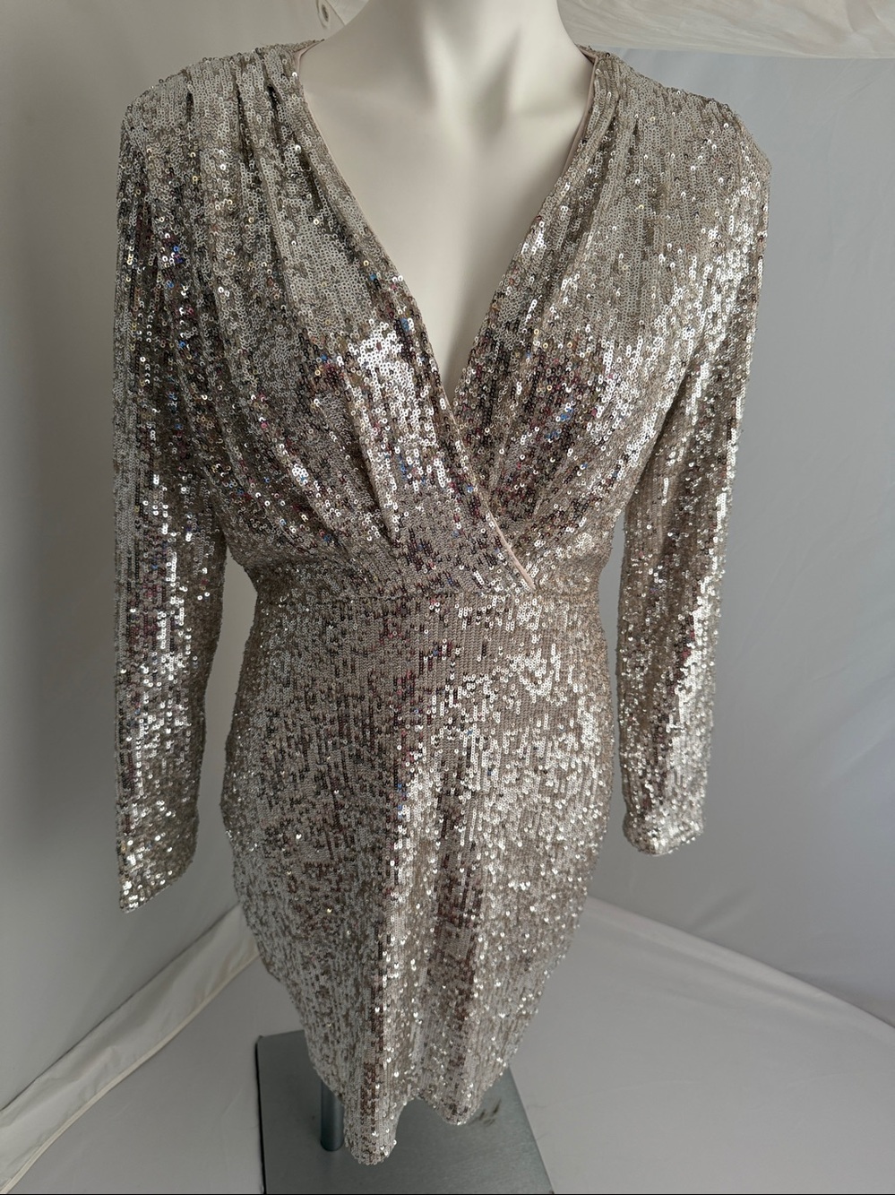 Express silvery beige sequin faux-wrap v-neck dress M